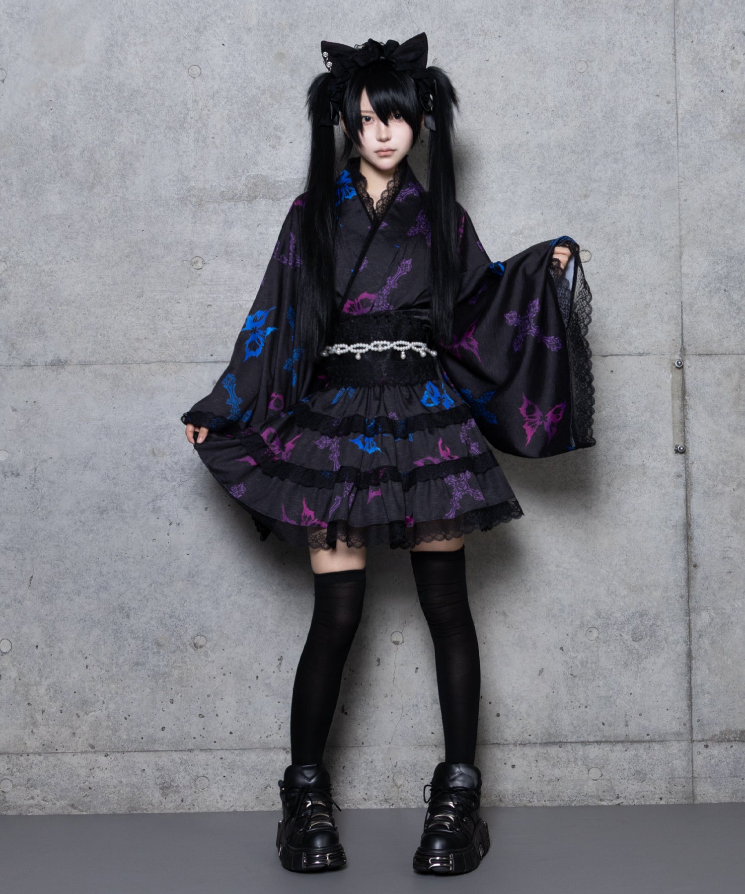 クロス蝶々総柄浴衣ワンピース+帯セット