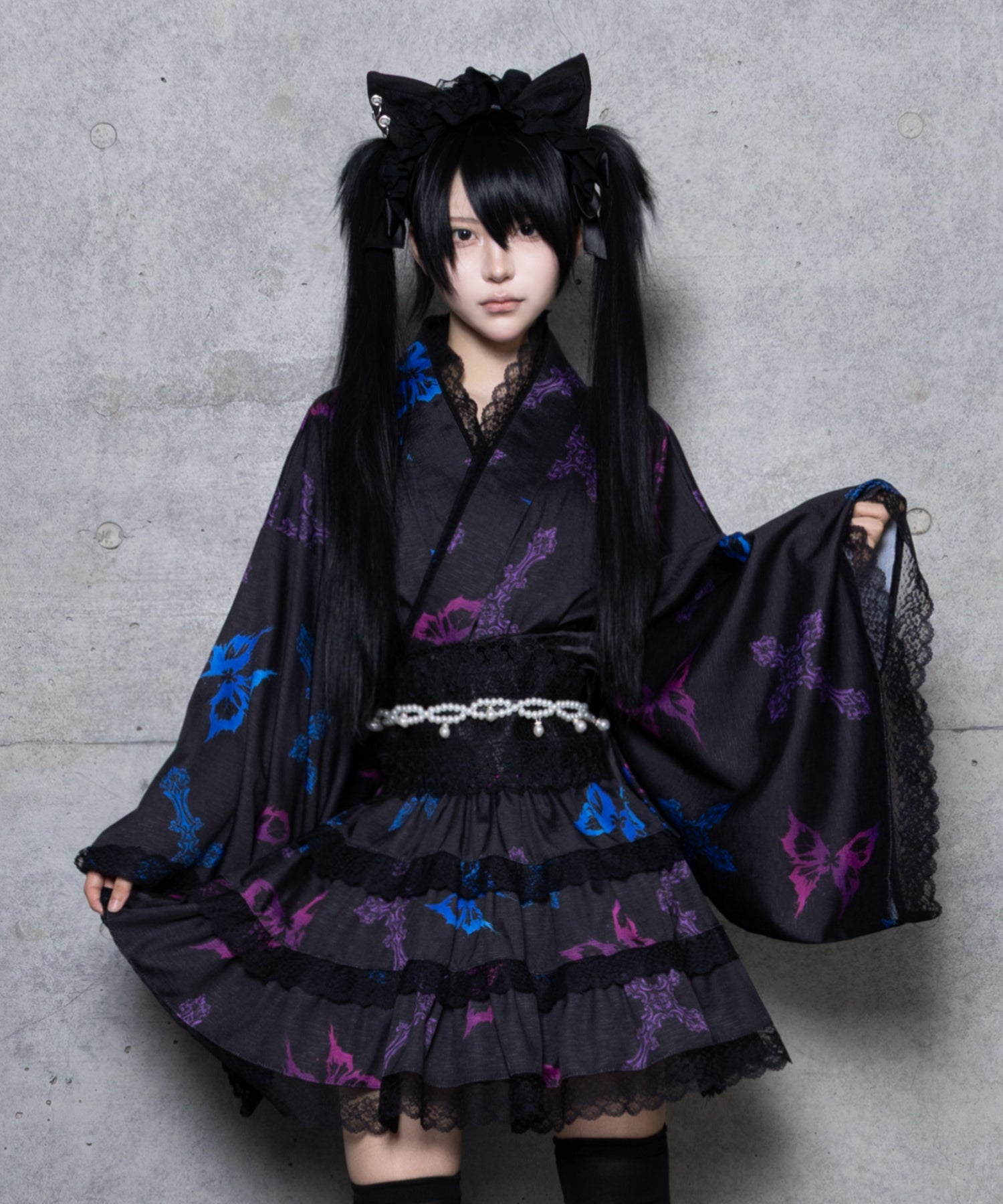 クロス蝶々総柄浴衣ワンピース+帯セット