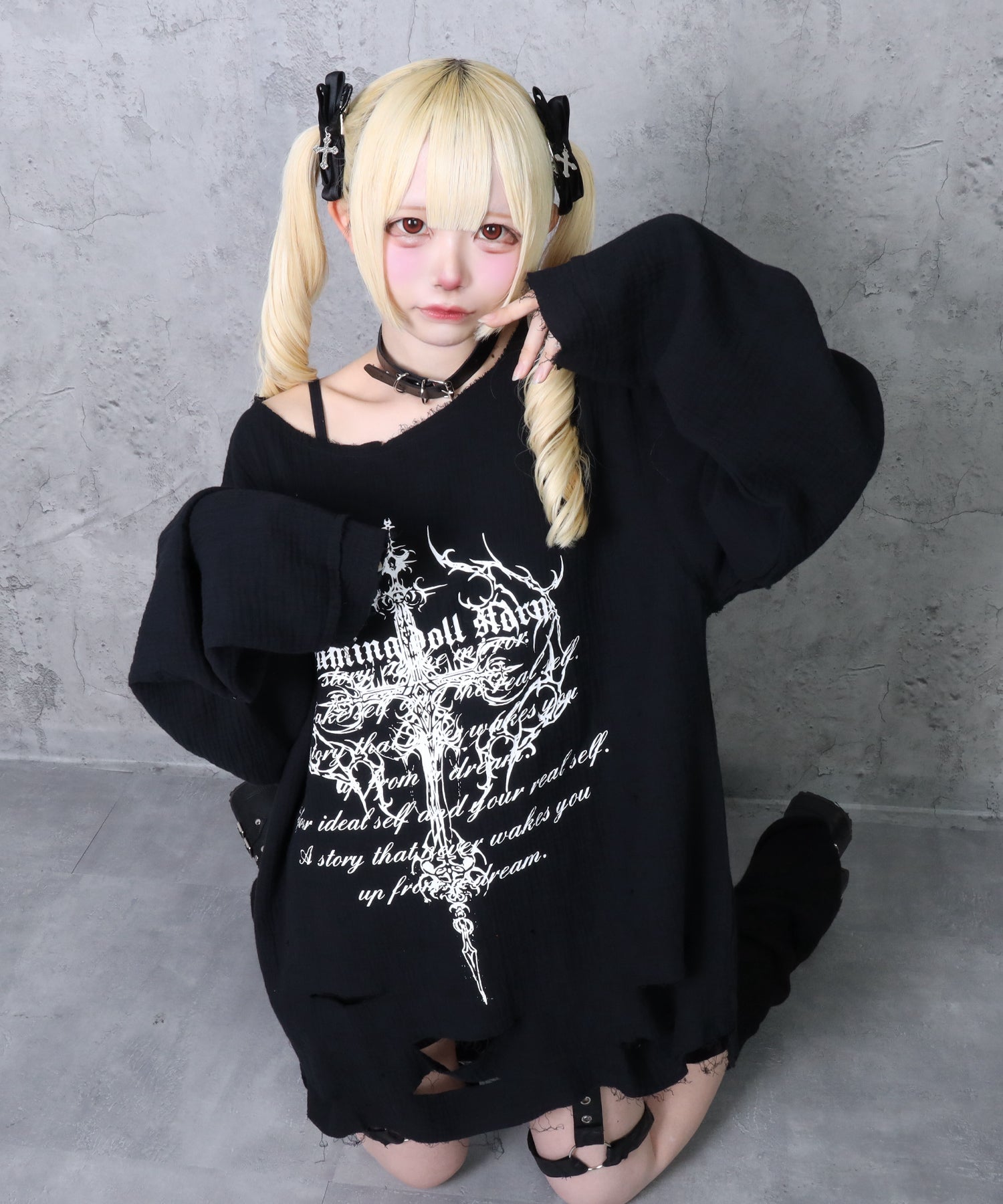 クロスロゴプリントダメージガーゼトップス