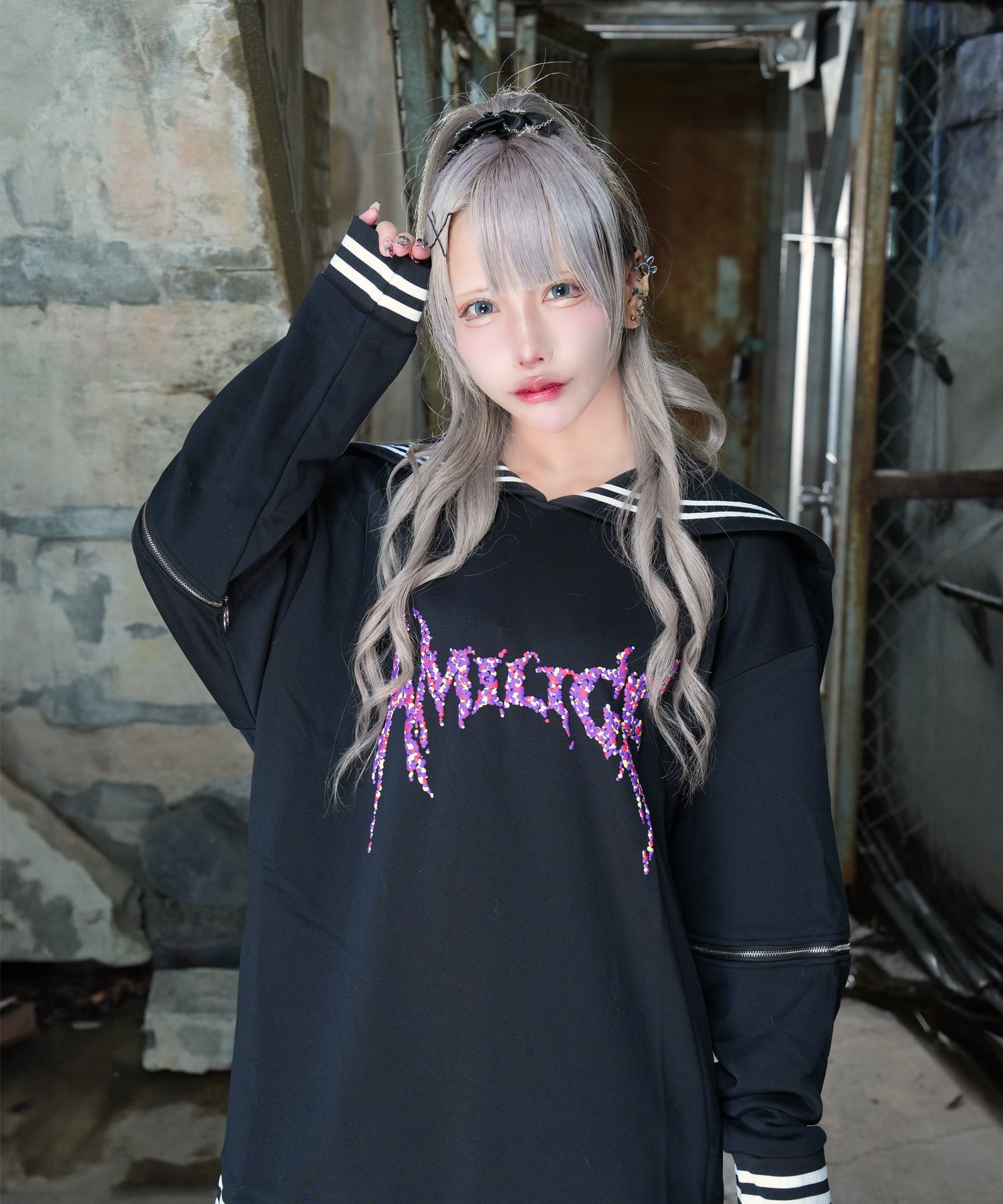 Amilige発泡プリントセーラーカラースウェット