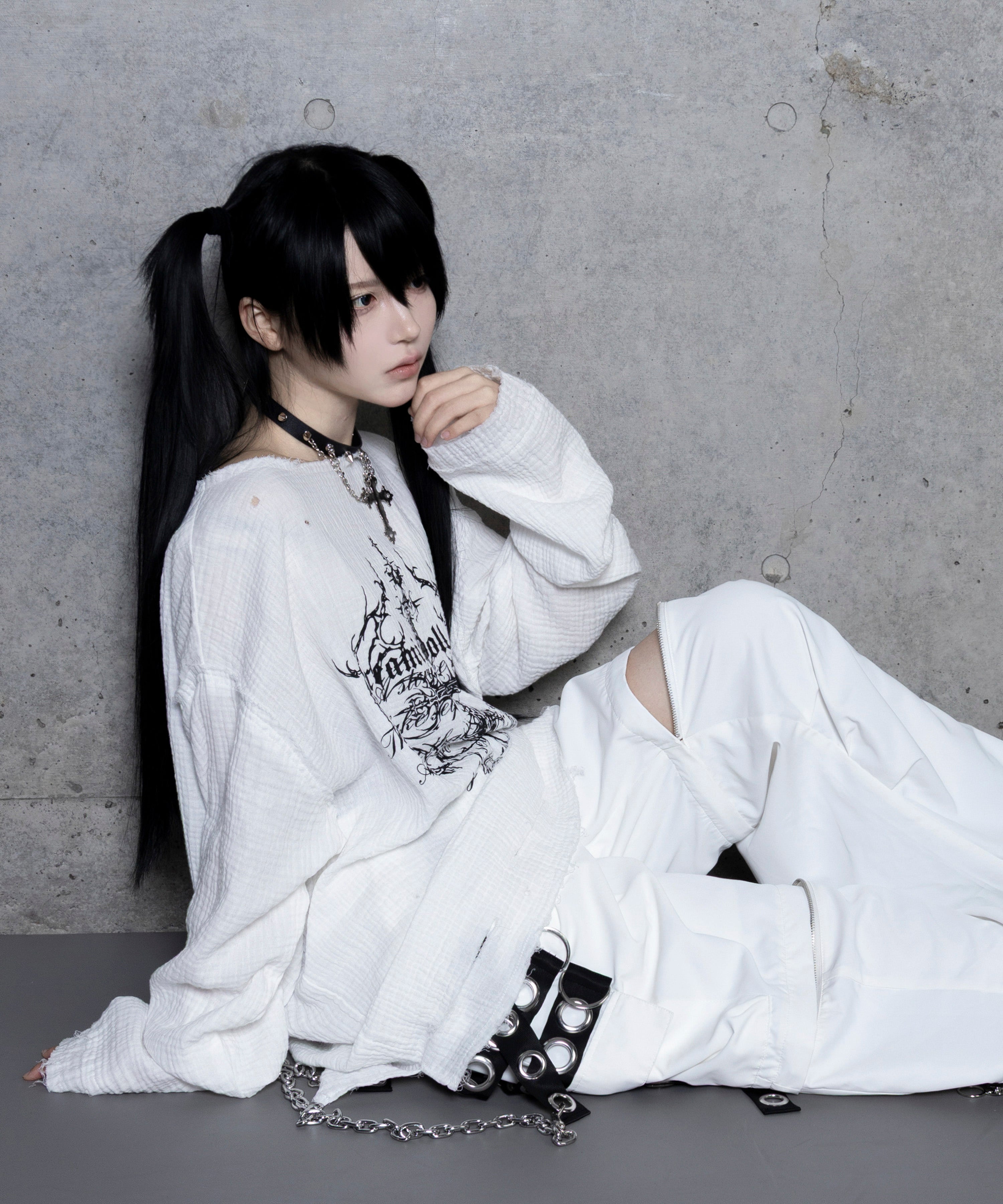 クロスロゴプリントダメージガーゼトップス