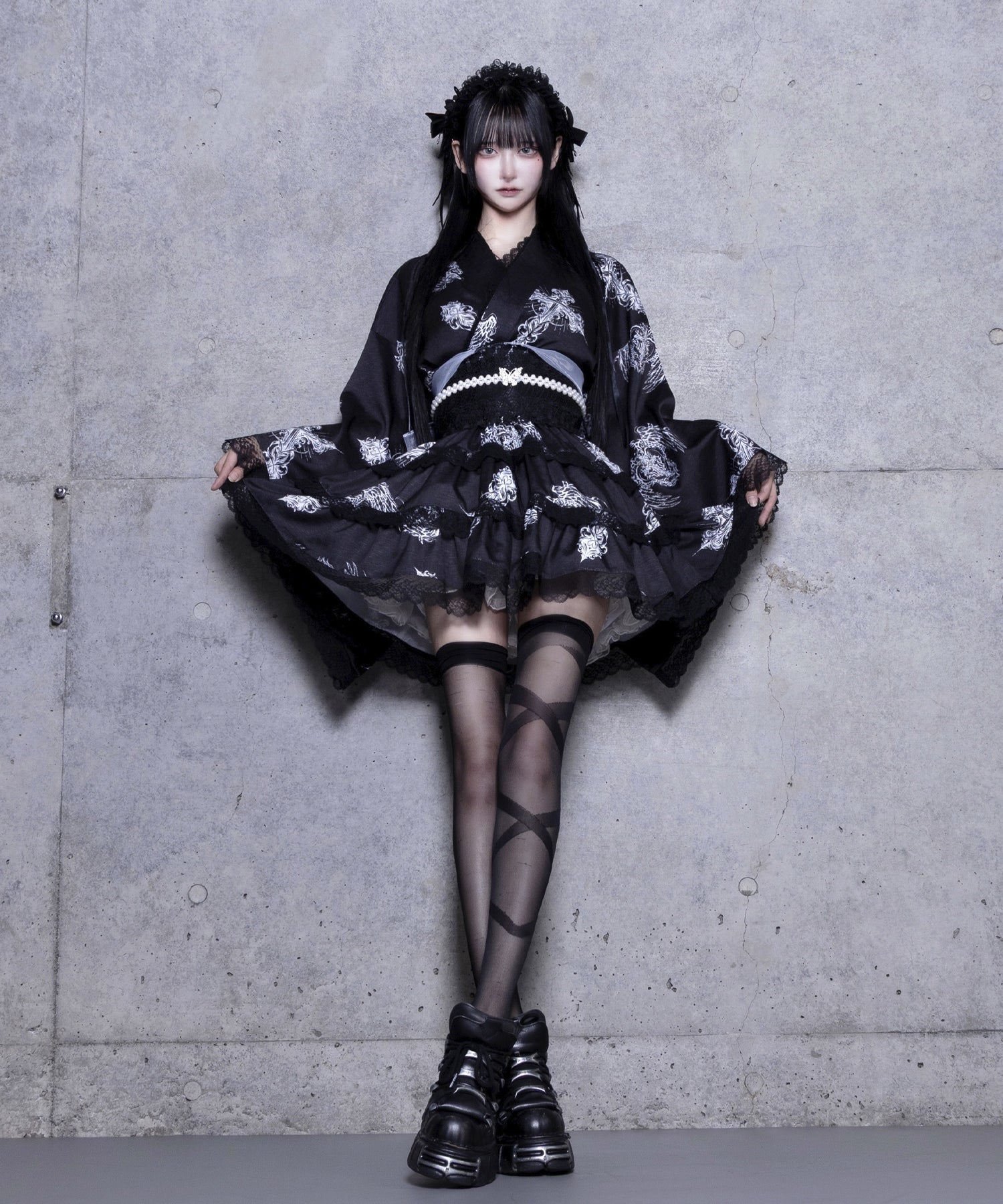 クロスハート羽総柄浴衣ワンピース+帯セット