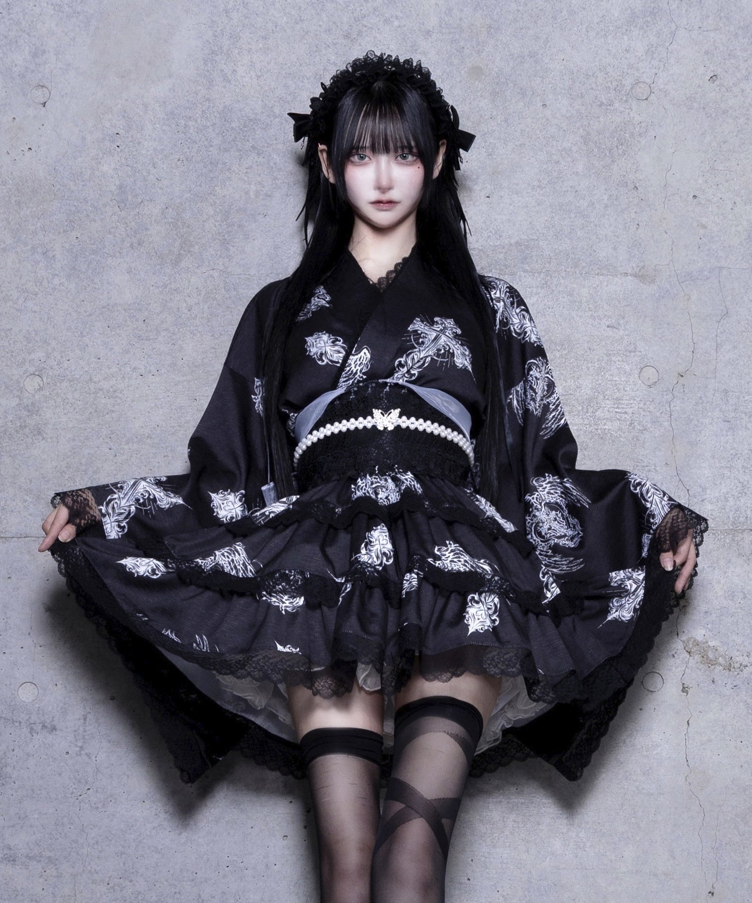 クロスハート羽総柄浴衣ワンピース+帯セット