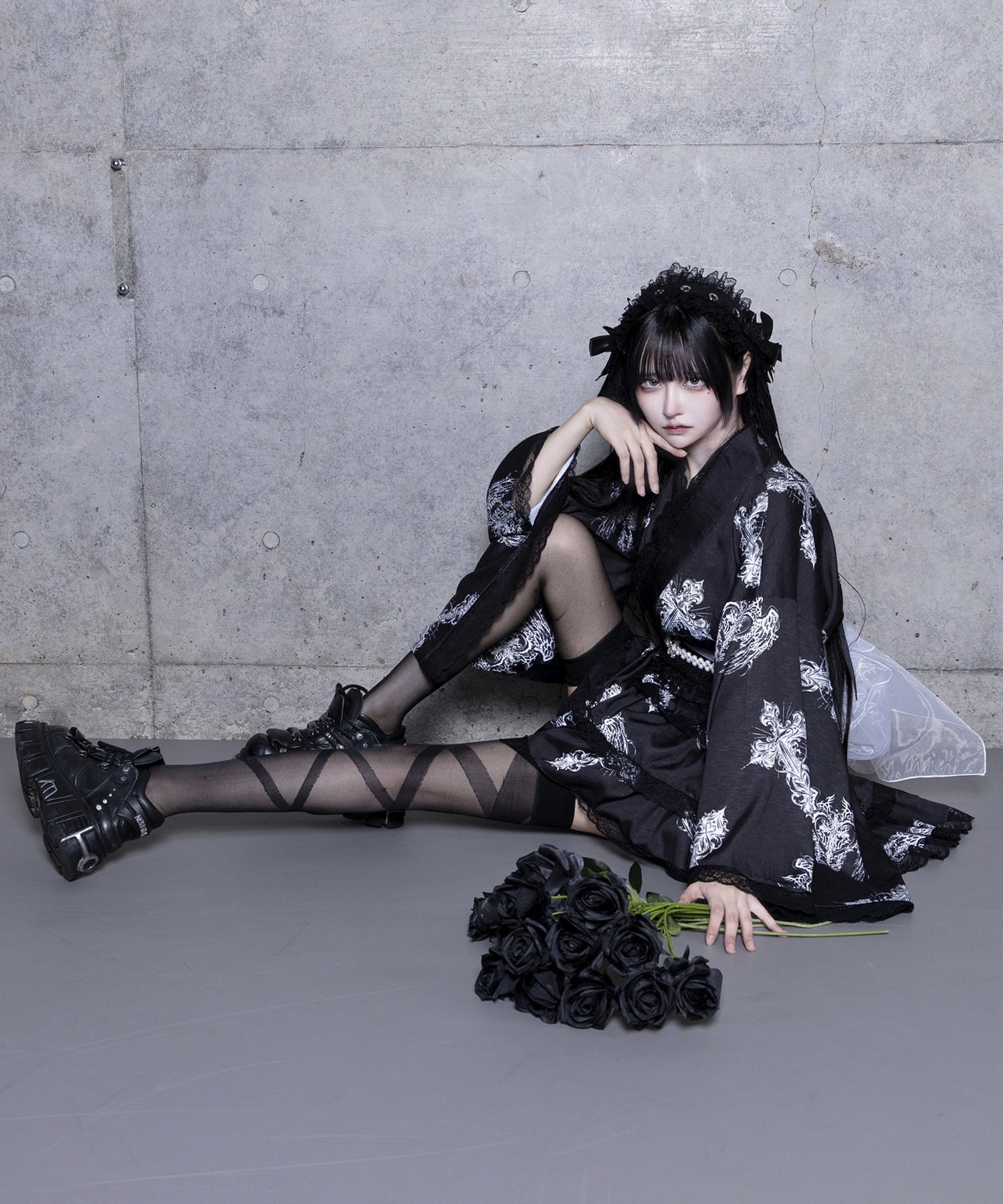 クロスハート羽総柄浴衣ワンピース+帯セット