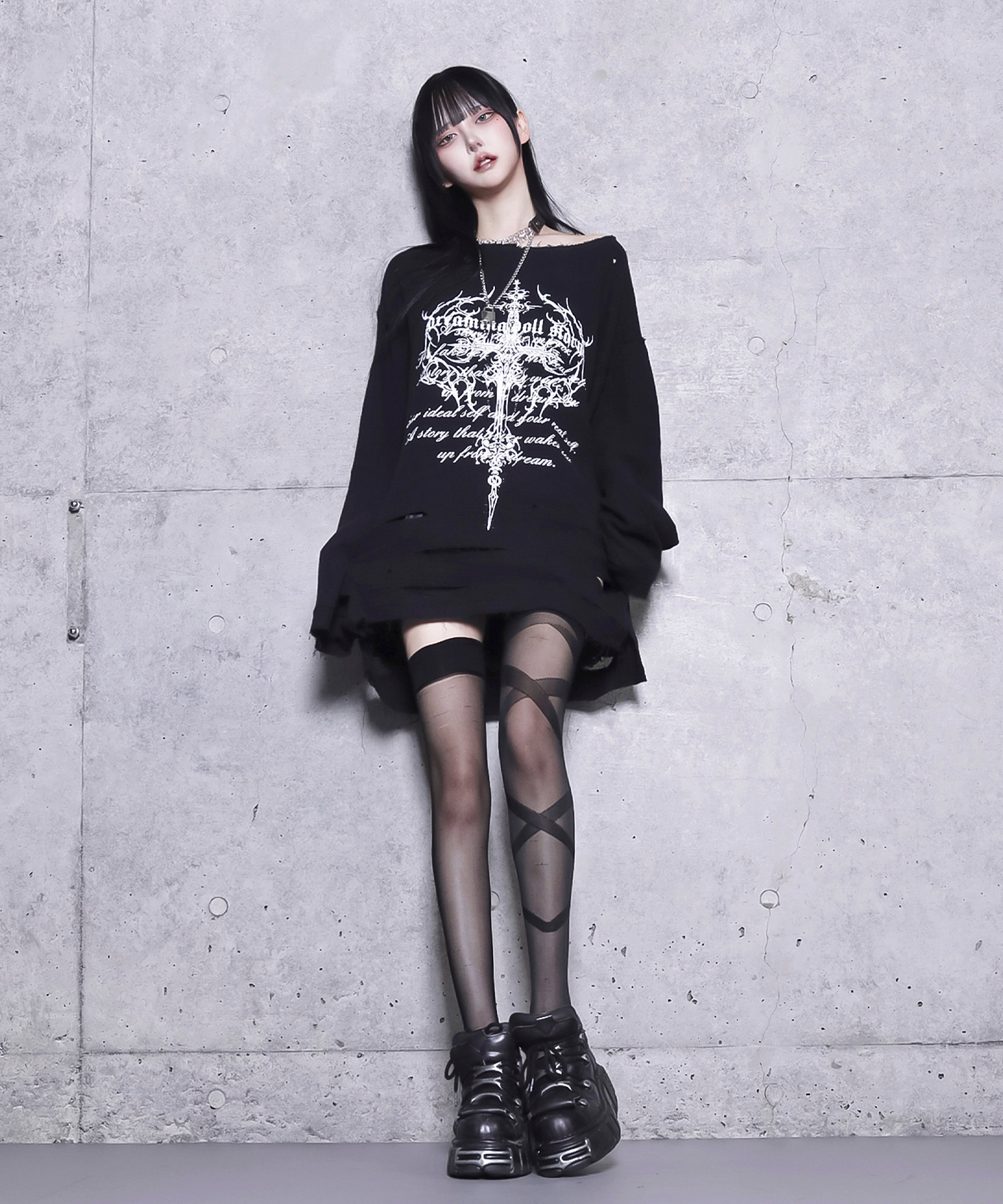 クロスロゴプリントダメージガーゼトップス