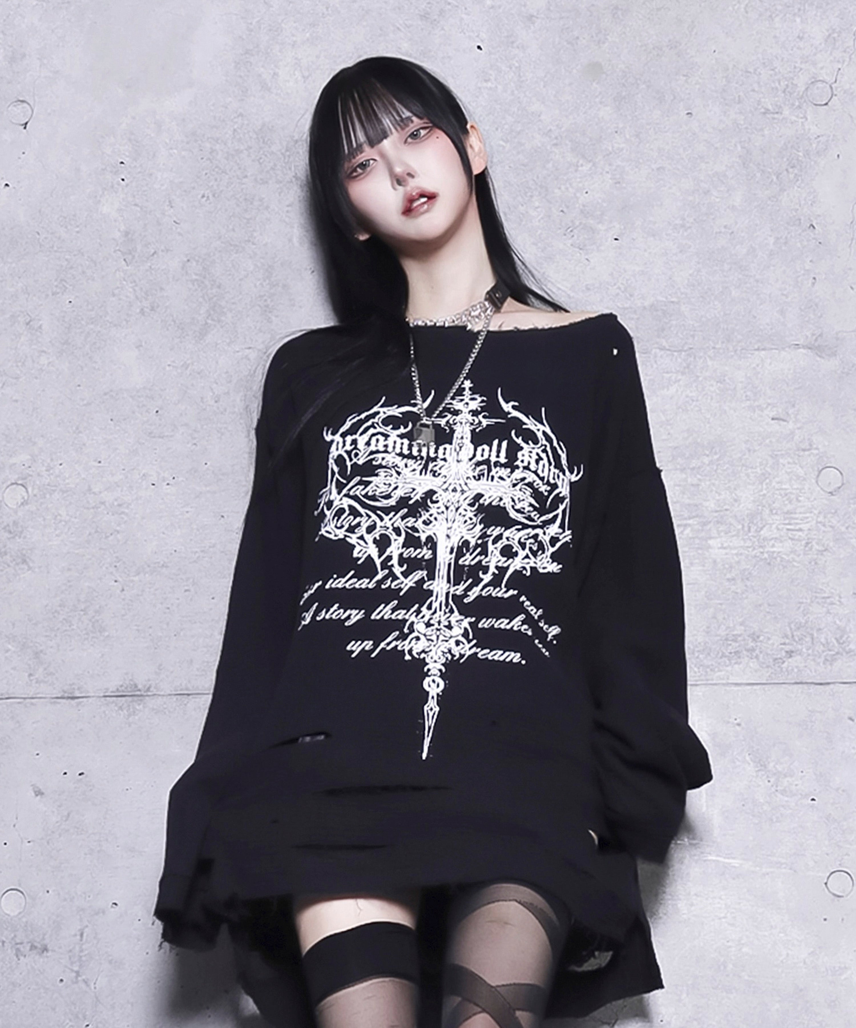 クロスロゴプリントダメージガーゼトップス