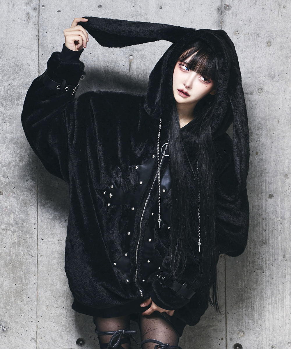 【希少】アルゴンキン　耳付き　ファー　ショートコート　ストライプ うさぎ耳クロススタッズZIPファーコート– A AM STUDIO