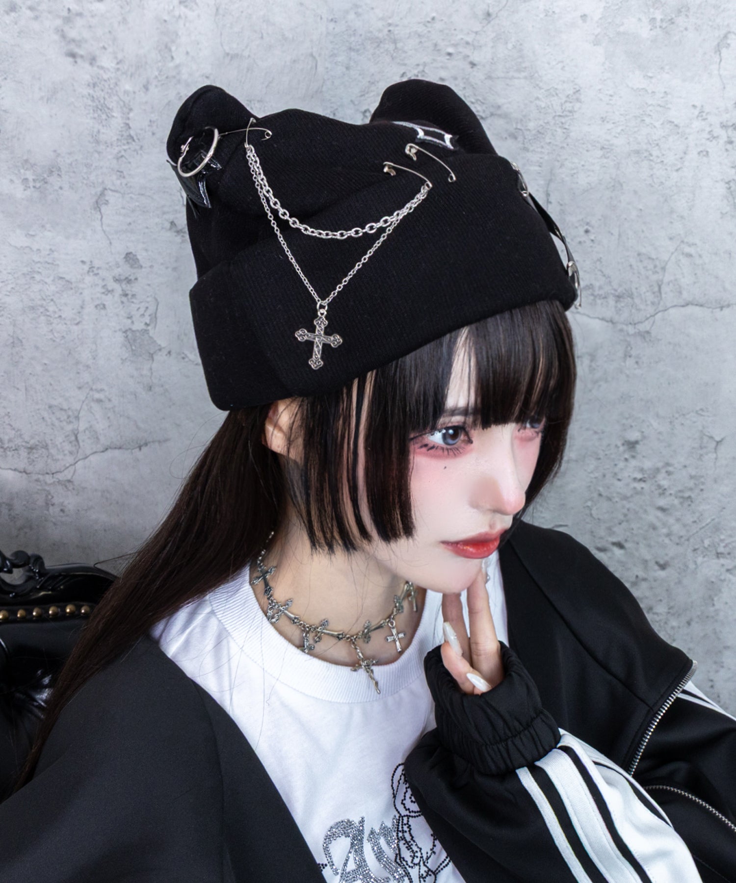 【Asheri-アシェリ-】ネコ耳クロスチェーンニット帽