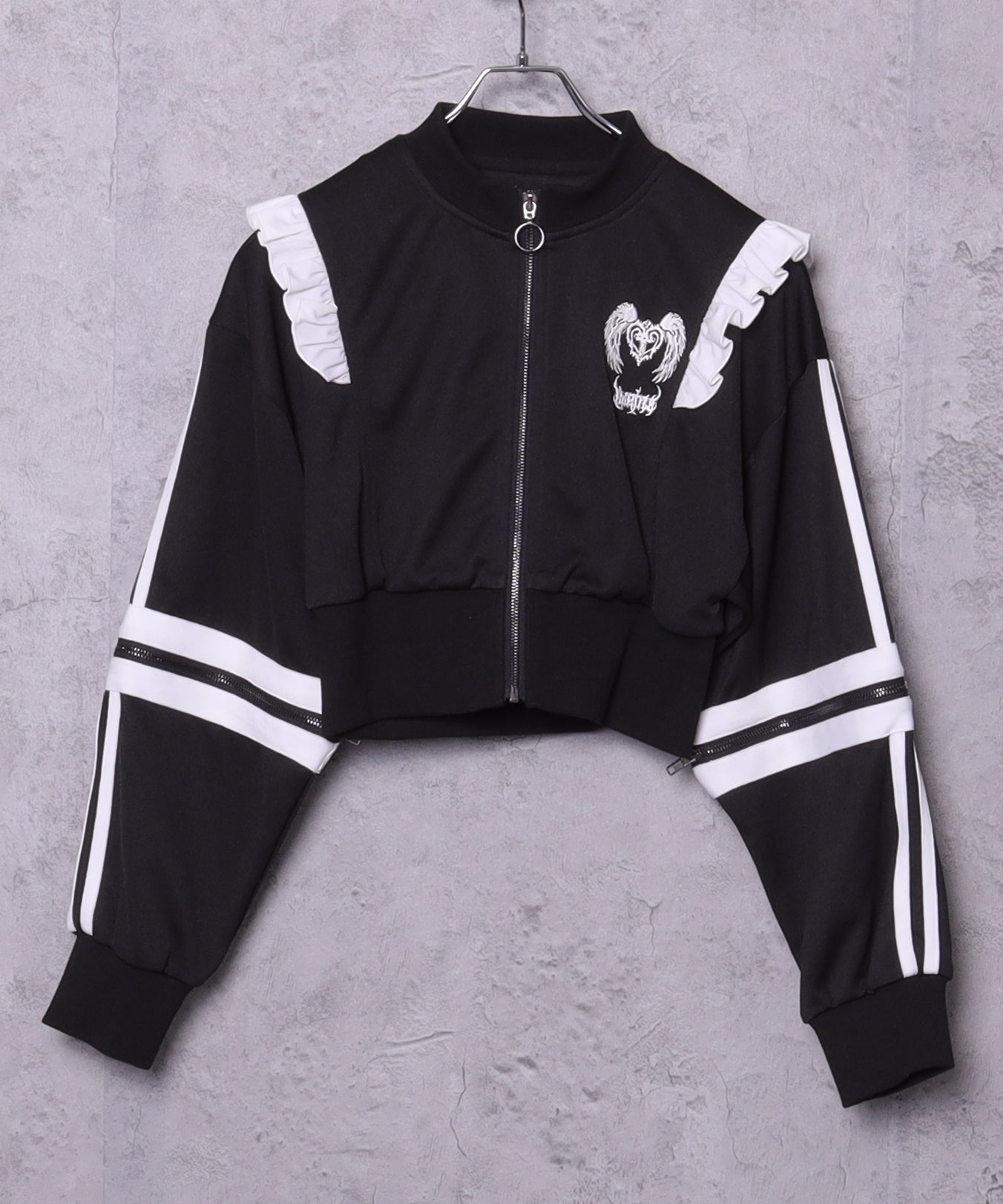 ラインフリル袖ZIPトップス+エプロンスカートセットトップス