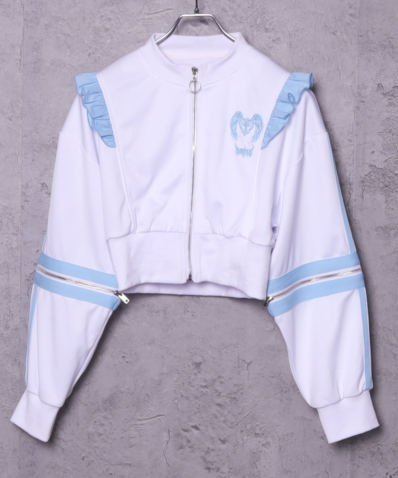 ラインフリル袖ZIPトップス+エプロンスカートセットトップス