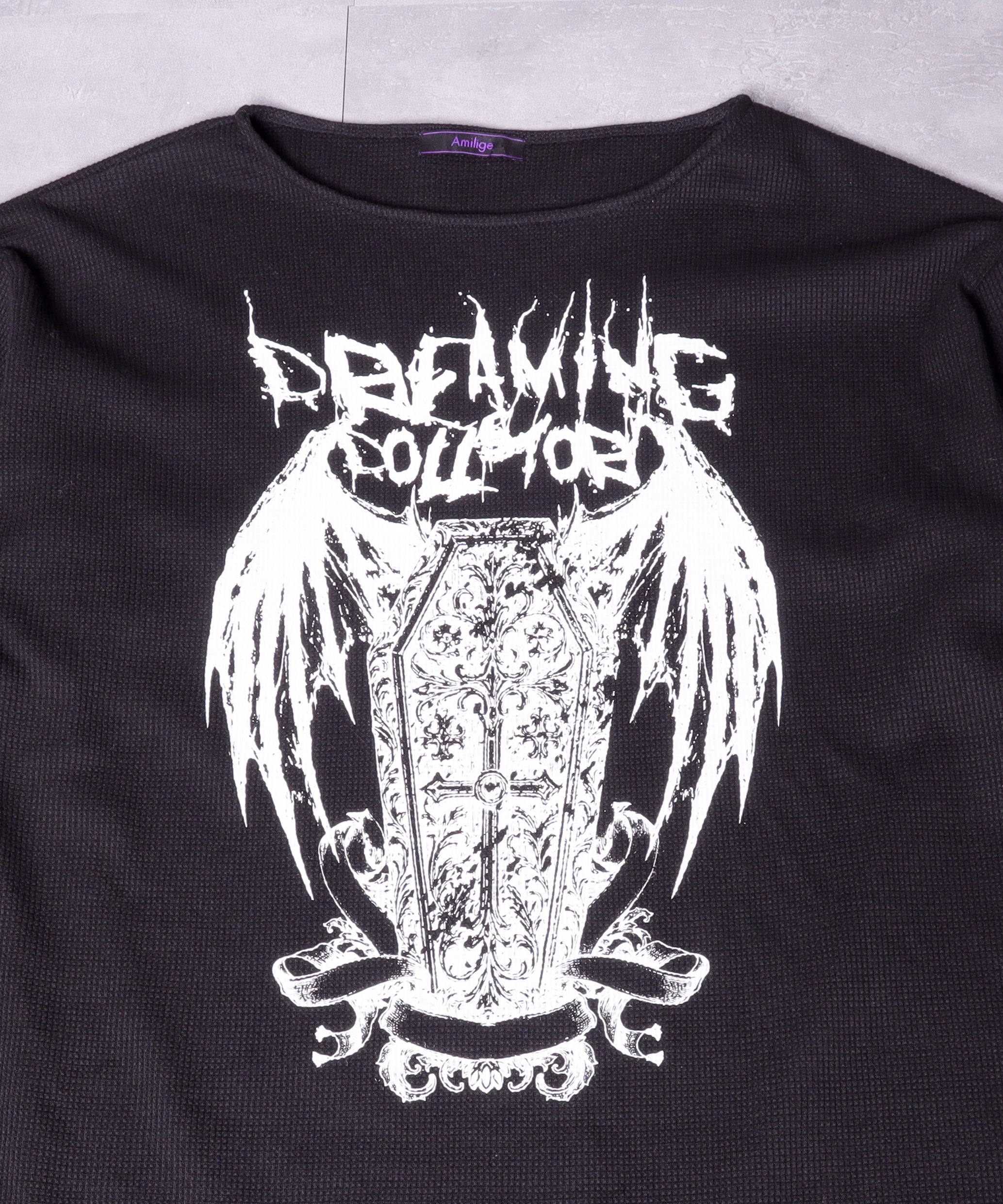 ワッフルコウモリプリントトップス