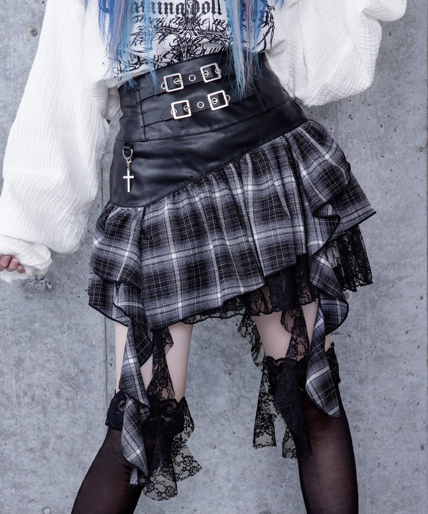 ハイウエストチェックイレギュラーヘムフレアスカート