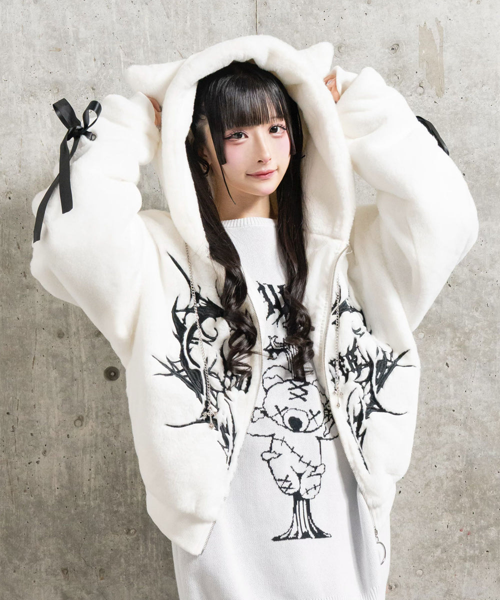 JSG 猫耳　ワンピ　ファー ネコ耳ハートロゴ刺繍ZIPショートファーコート– A AM STUDIO