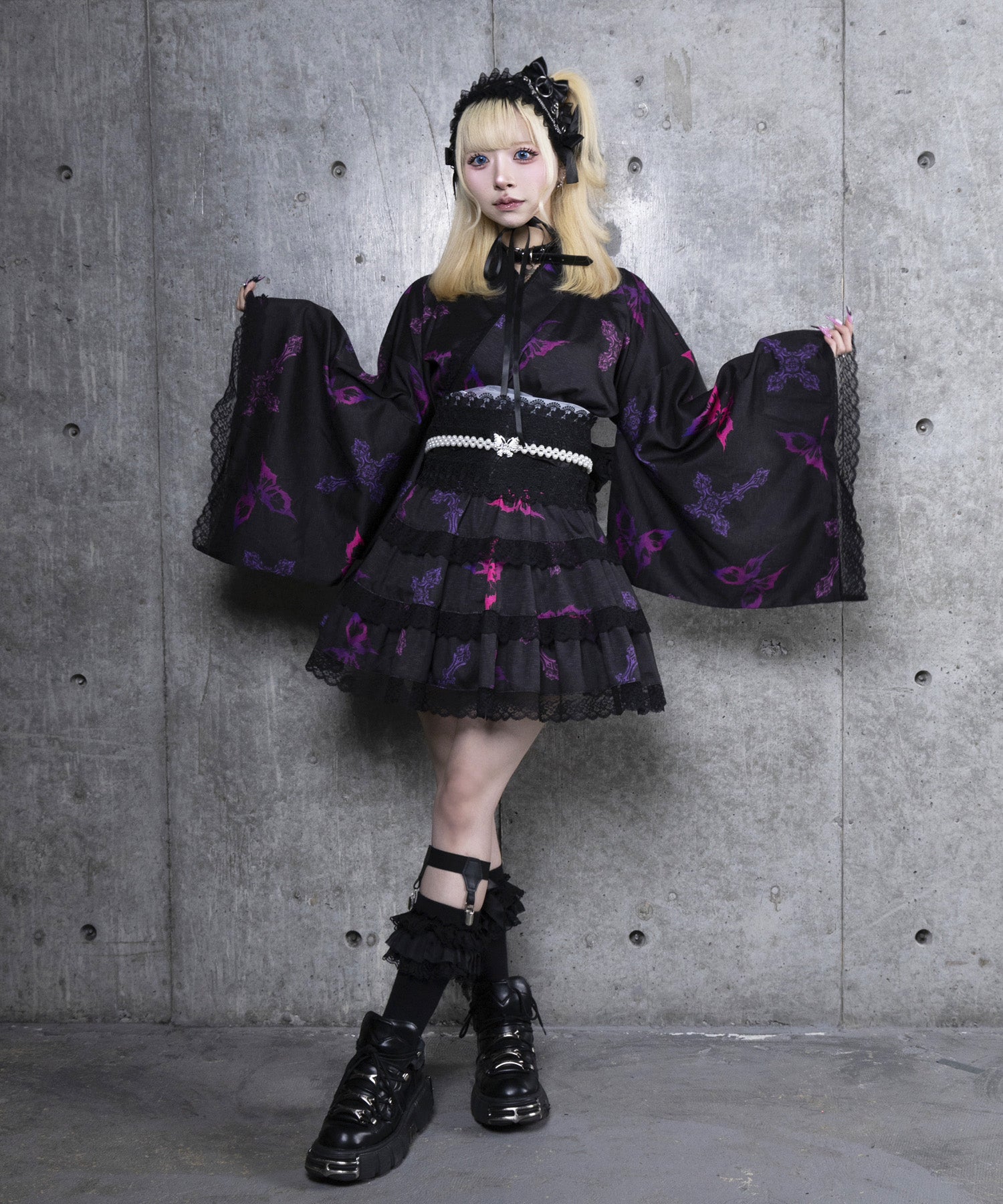 クロス蝶々総柄浴衣ワンピース+帯セット