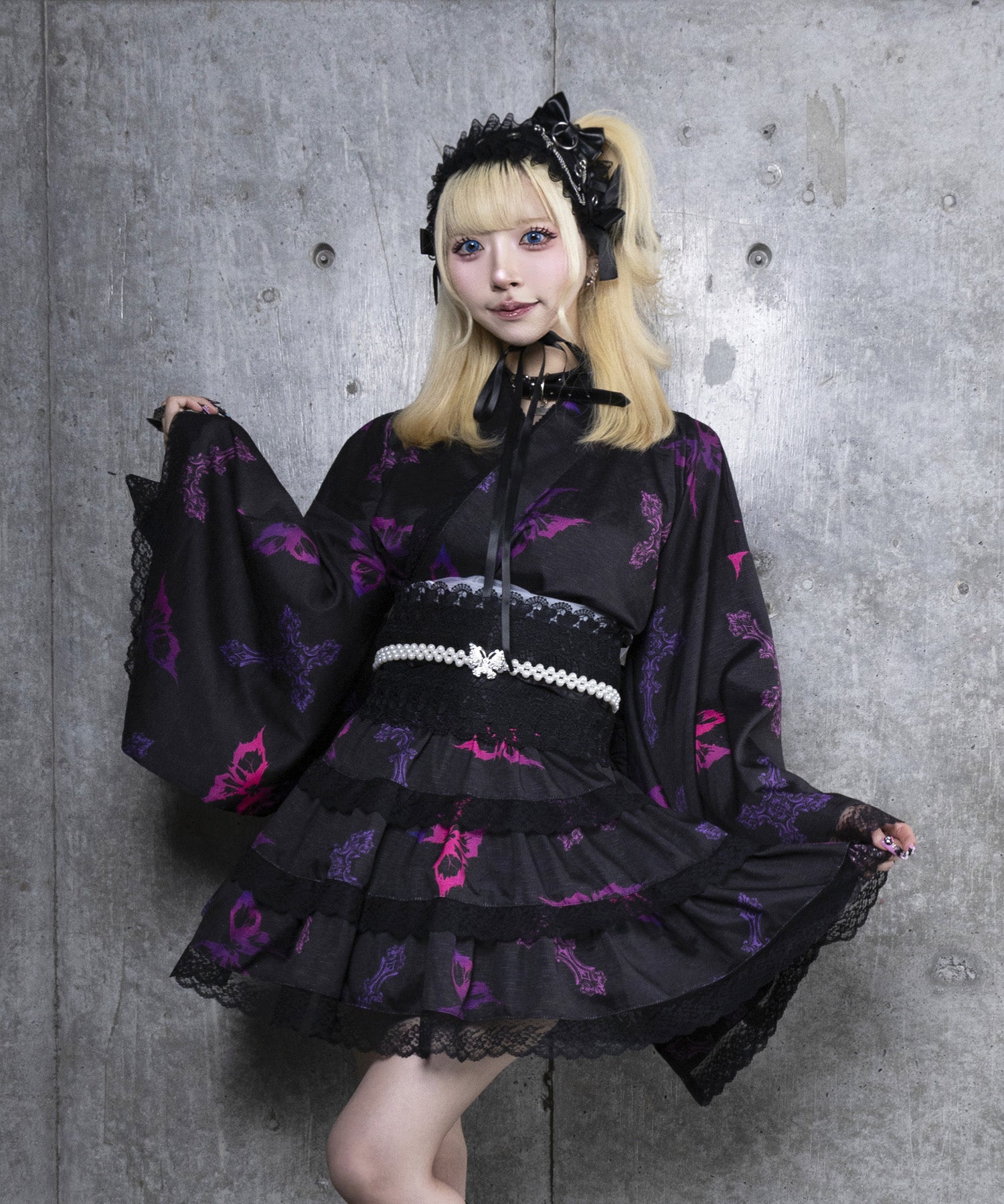 クロス蝶々総柄浴衣ワンピース+帯セット