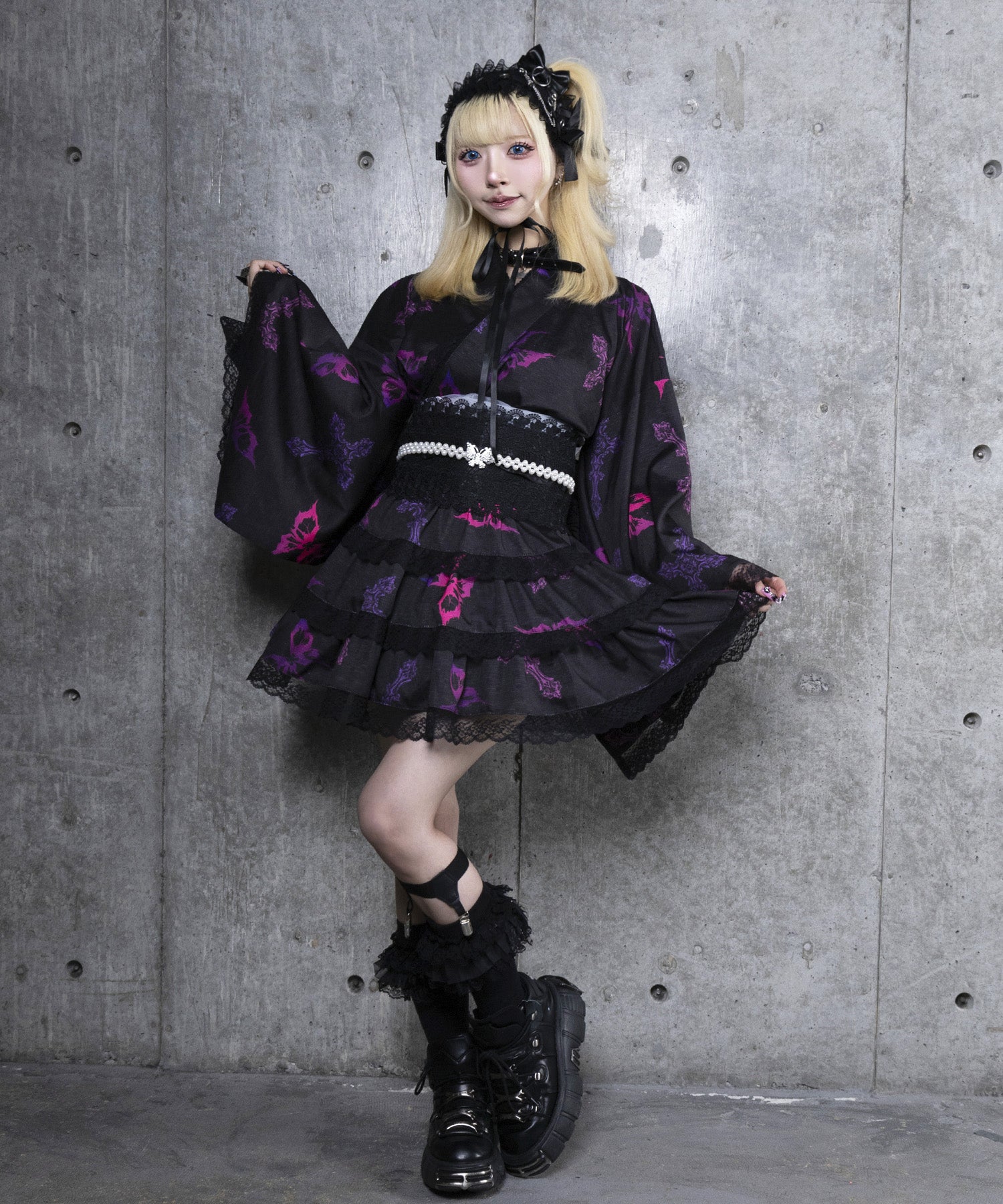 クロス蝶々総柄浴衣ワンピース+帯セット