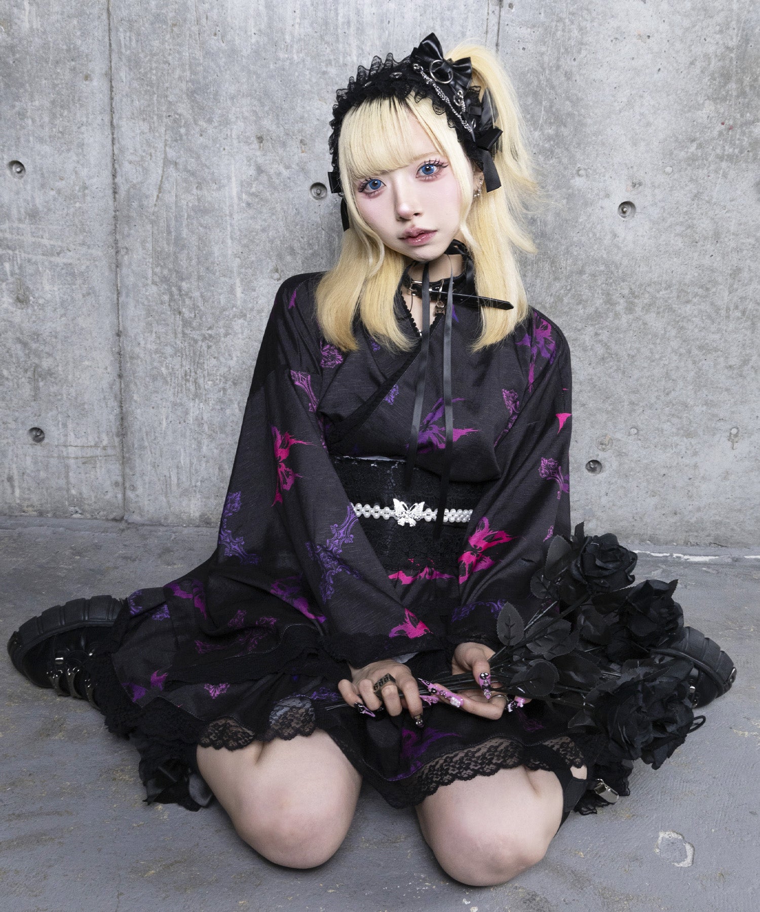 クロス蝶々総柄浴衣ワンピース+帯セット