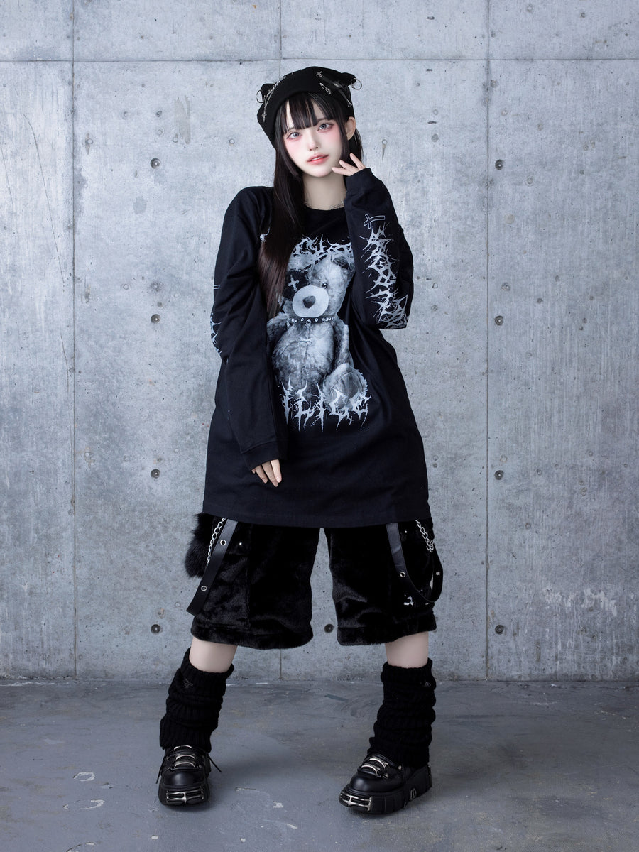 サスペンダー付き ブラックショートパンツ サスペンダー付きファーショートパンツ– A AM STUDIO