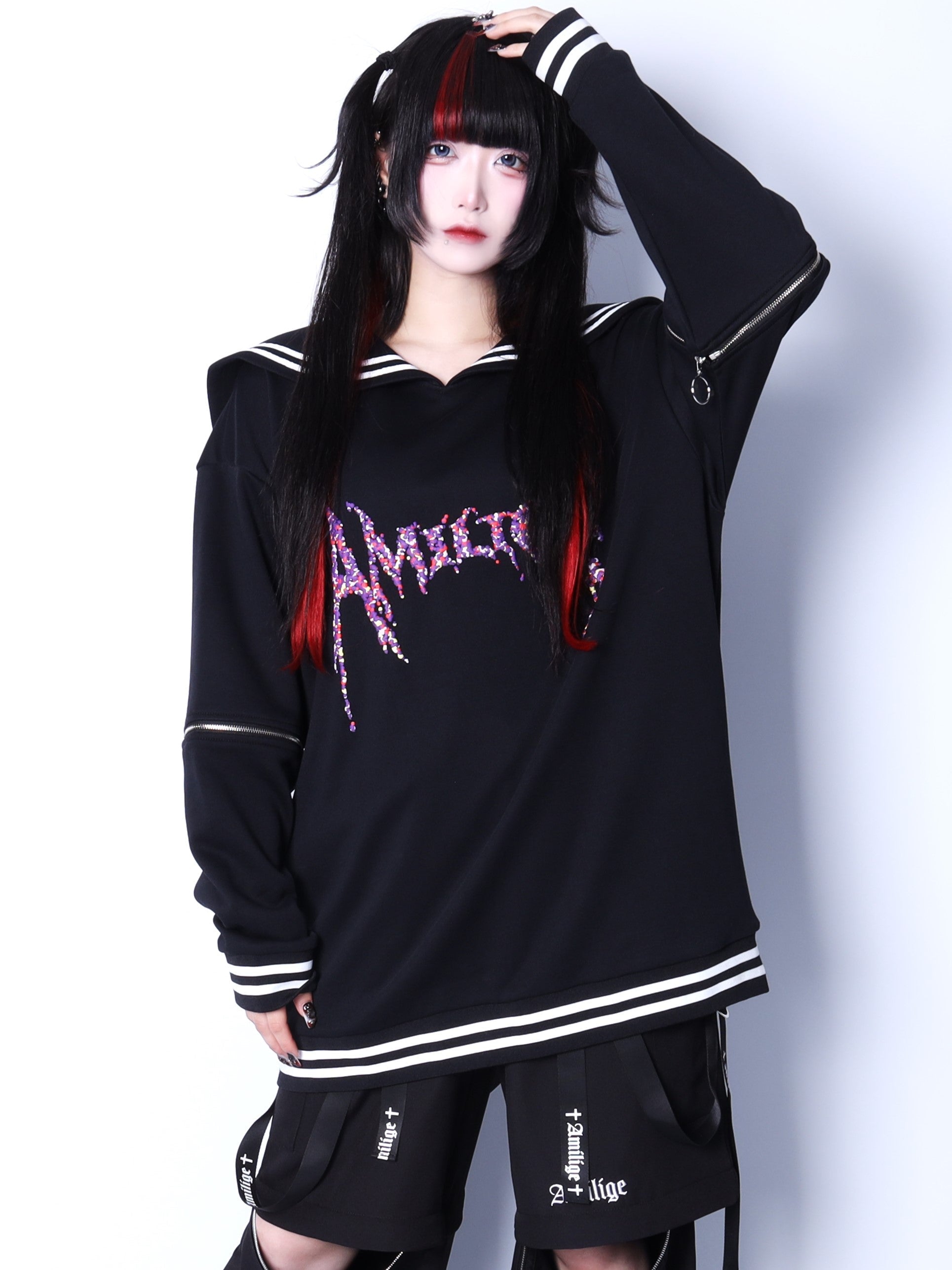 Amilige発泡プリントセーラーカラースウェット