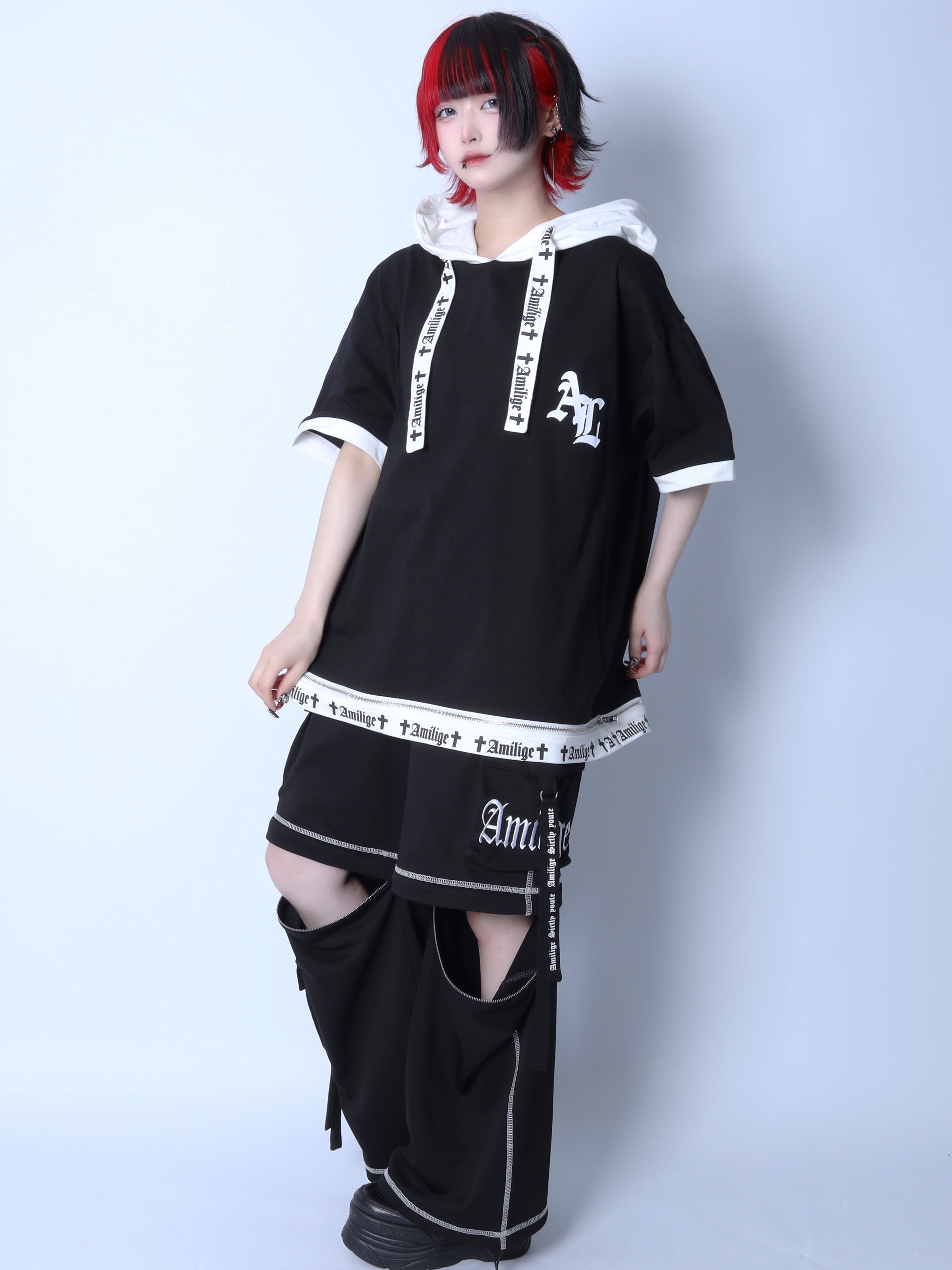 Amiligeロゴ裾ZIP半袖カットソーパーカー