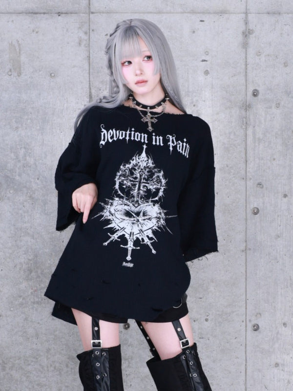 ハートクロスプリントダメージガーゼ半袖トップス– A AM STUDIO