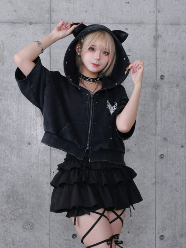 し*͛様 【miko企画】猫耳フード付き フリル半袖パーカー ブラック 猫耳袖ZIPショート丈パーカー– A AM STUDIO
